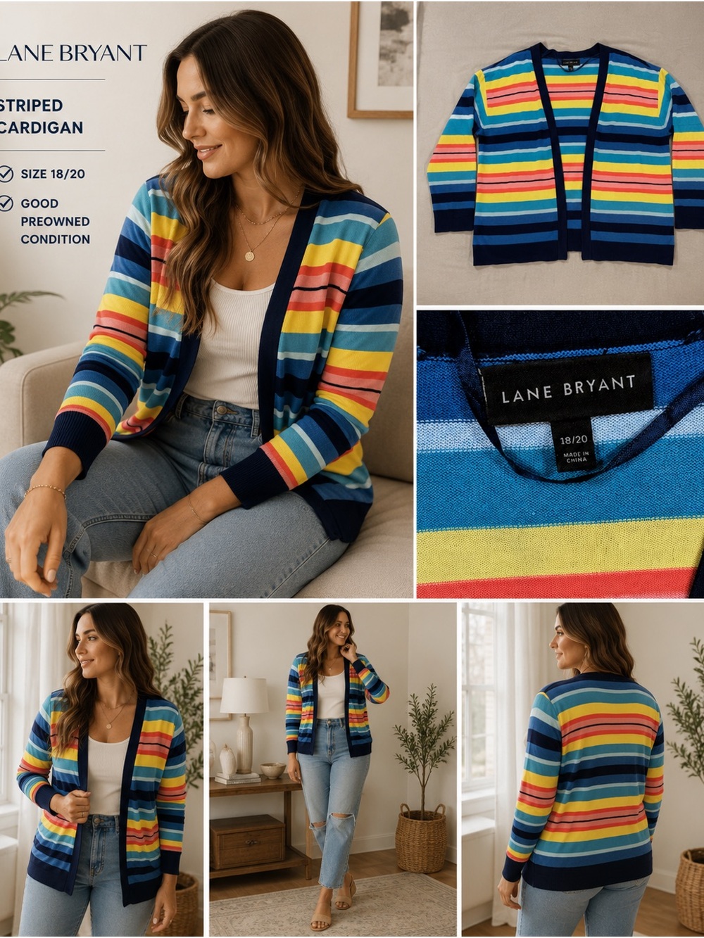 Lane Bryant Navy Multi-Stripe Open Cardigan Sweater